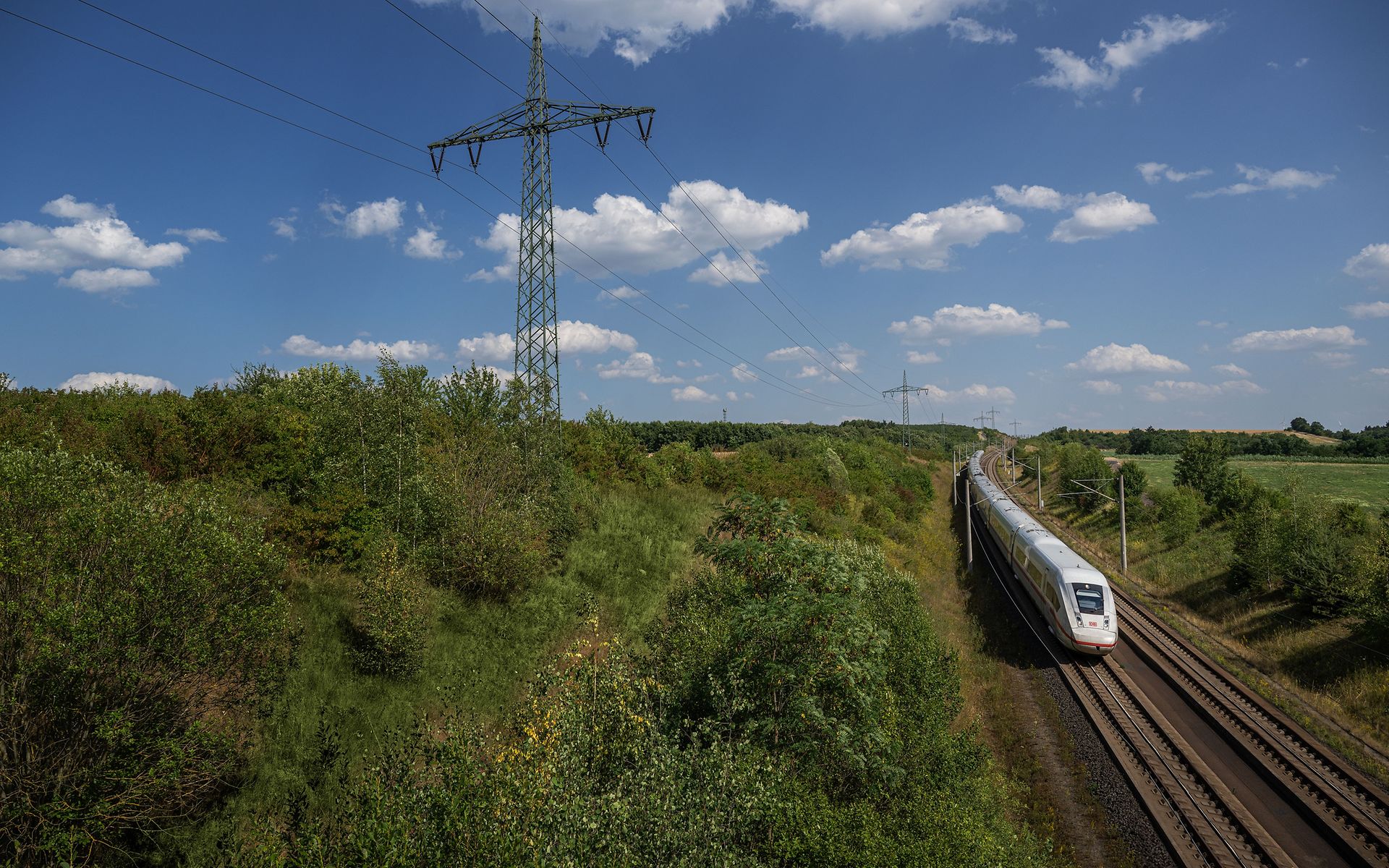 Grüne Landschaft mit Bahnstrommast und ICE 4 bei Limburg
