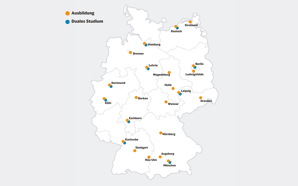 Deutschlandkarte mit Standorten für Ausbildung und Duales Studium